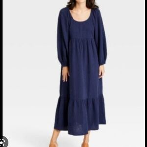 Navy Balloon Long Sleeve Gauze Dress